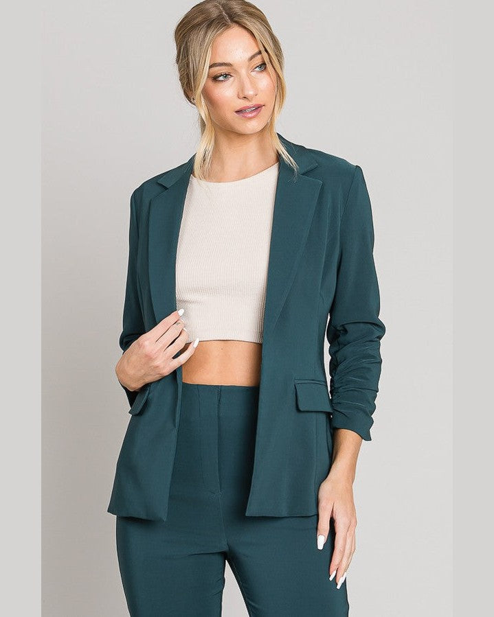 Twill Ruched Sleeve Blazer
