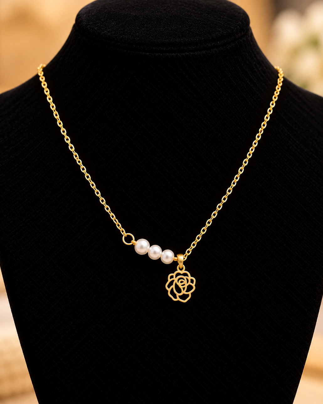 Gold Rose & Pearl Necklace | Stainless Steel