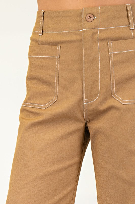 Cropped Wide Leg Pants with Contrast Stitching