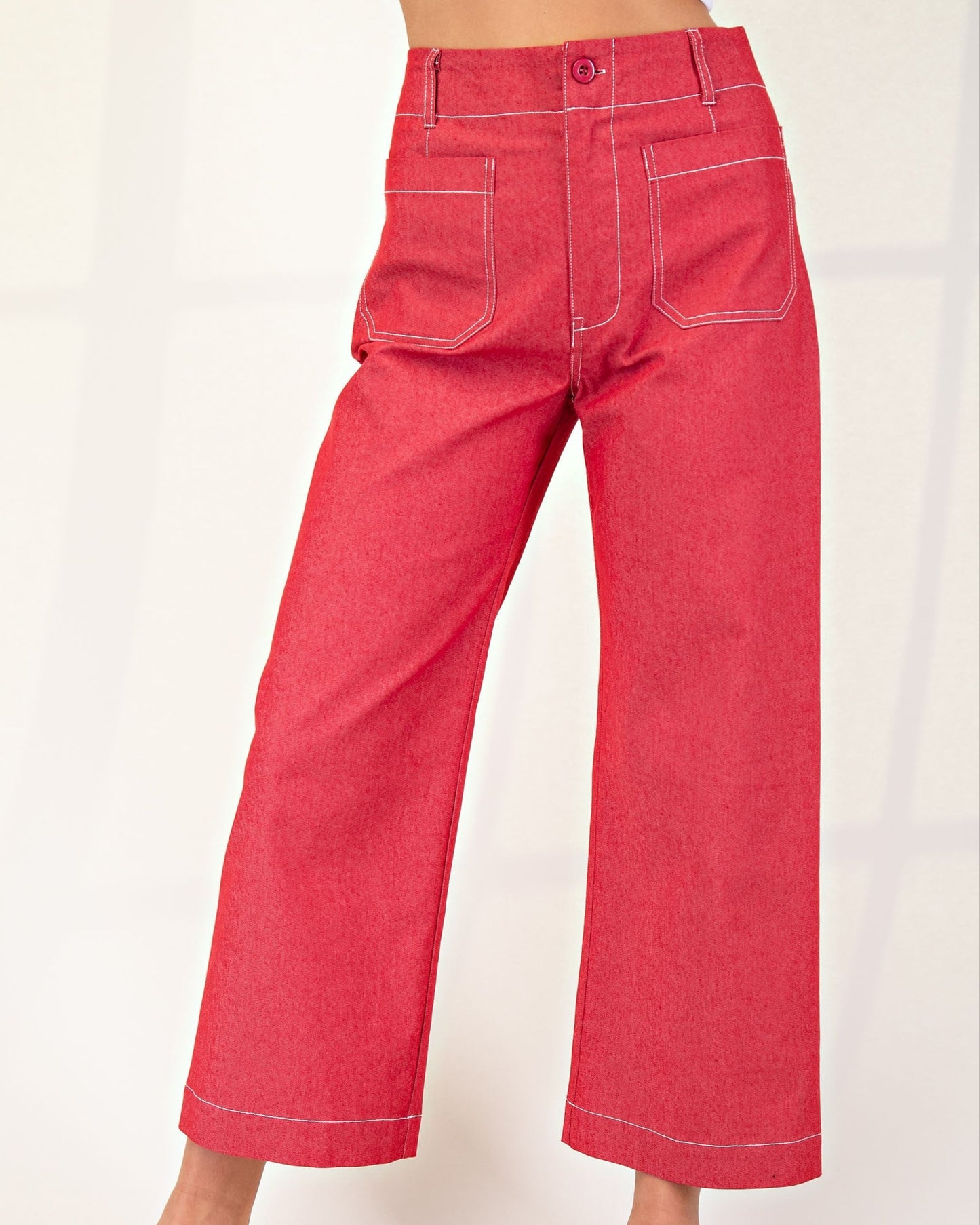 Cropped Wide Leg Pants with Contrast Stitching