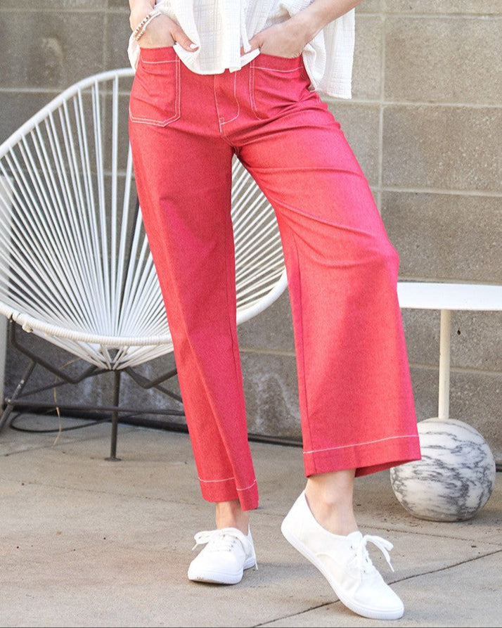 Cropped Wide Leg Pants with Contrast Stitching