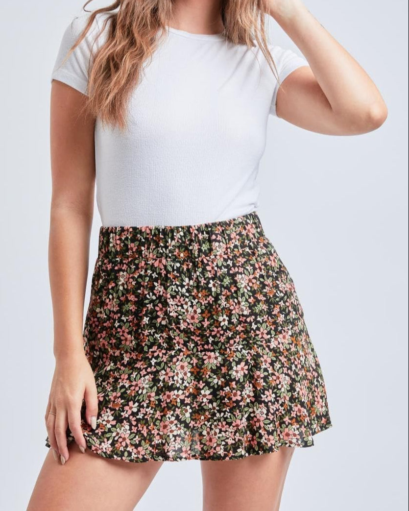 Front view of flowy floral skort
