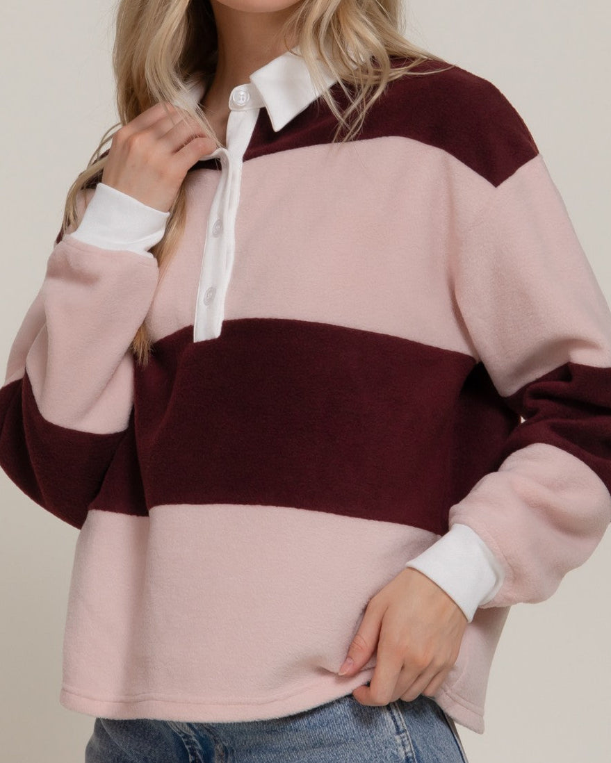 Long Sleeve Rugby Stripe Fleece Polo Top