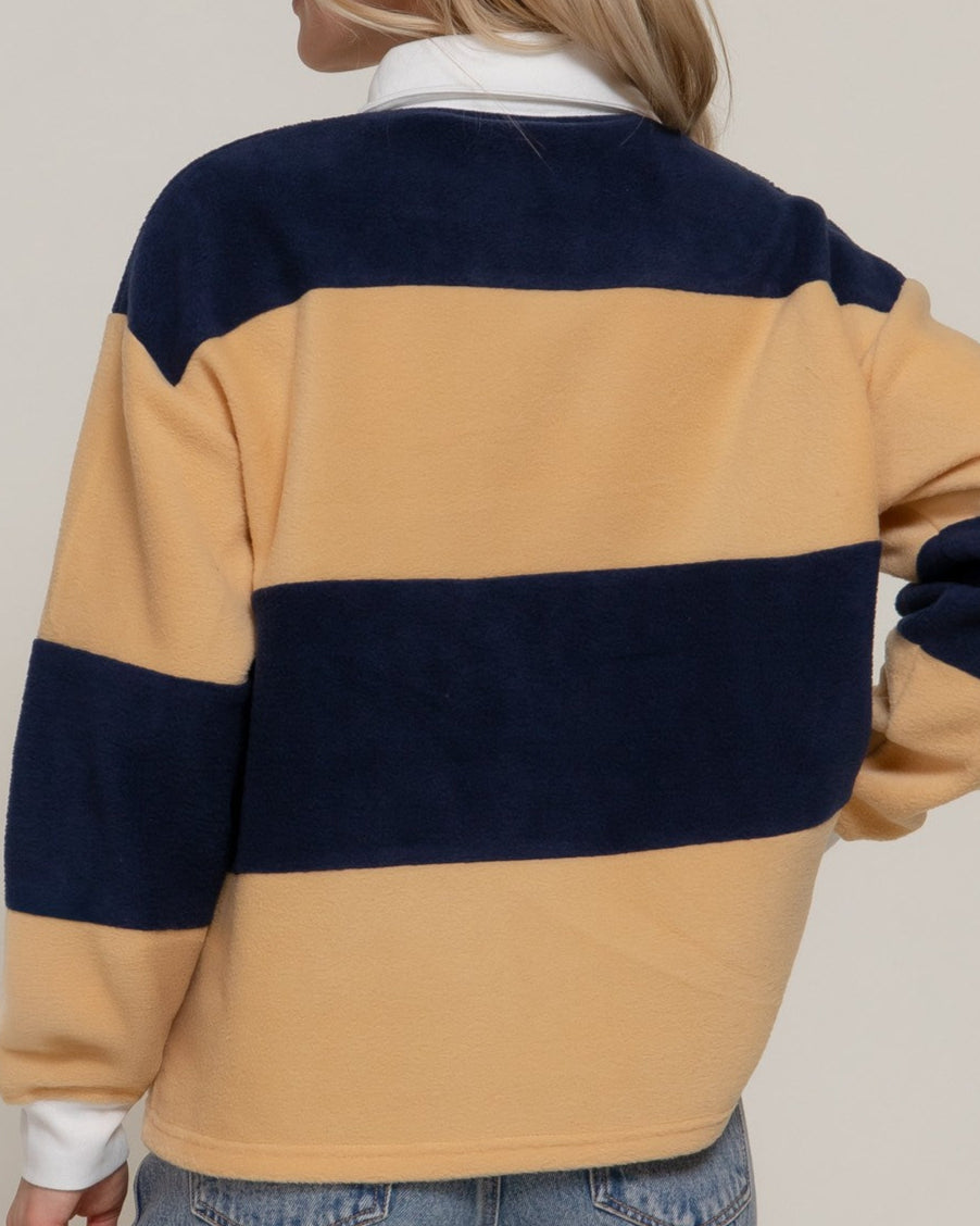 Long Sleeve Rugby Stripe Fleece Polo Top