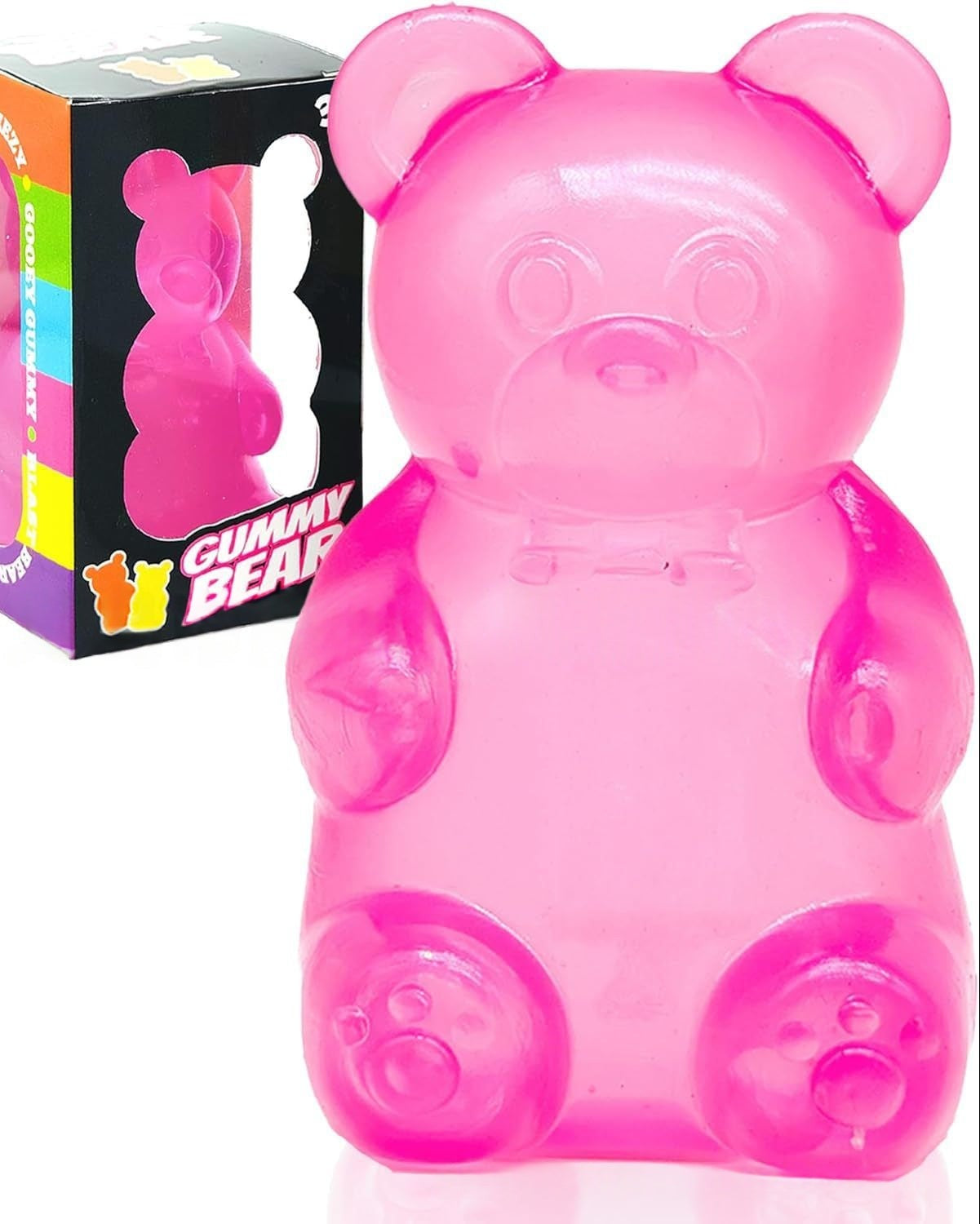 Pink gummy bear-shaped container with a transparent lid, displayed with packaging.