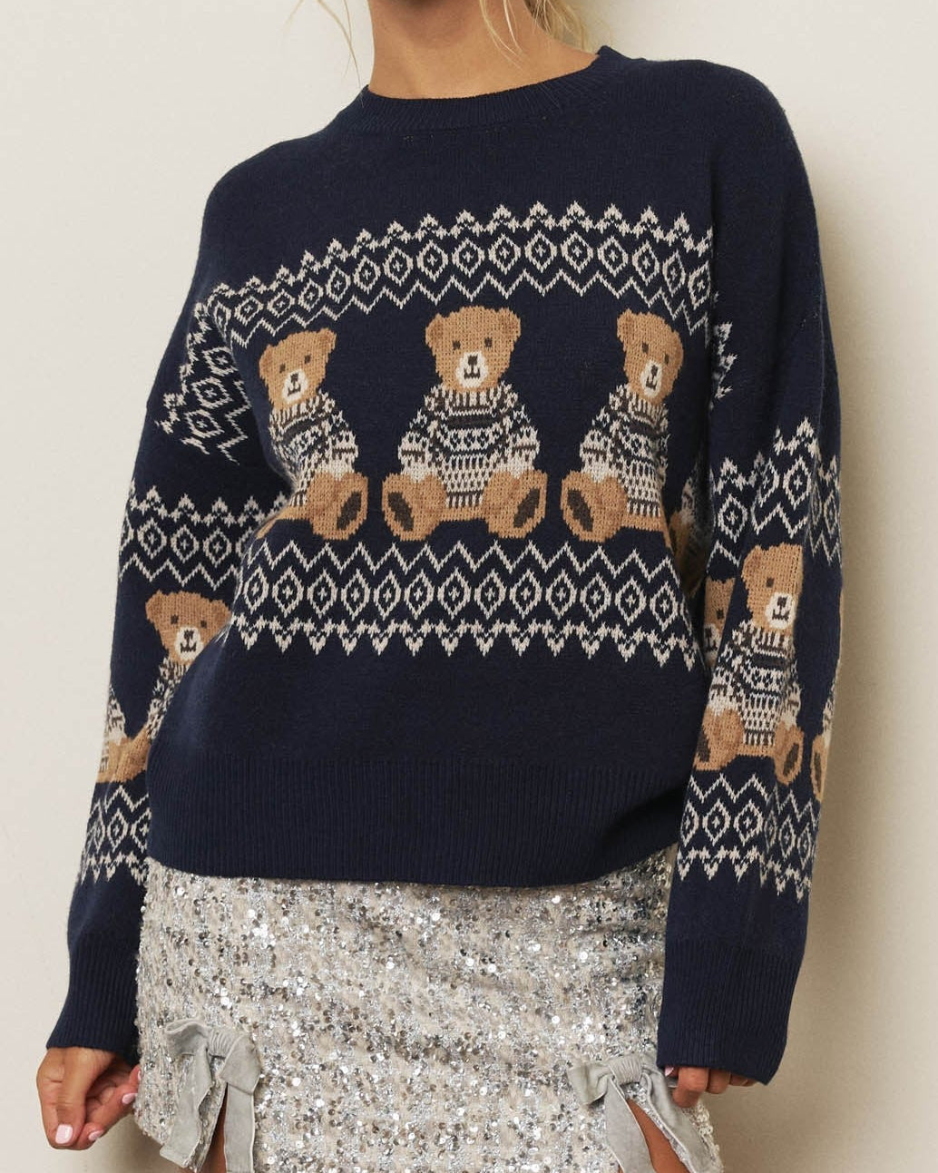Navy Teddy Bear Fair Isle Knit Sweater