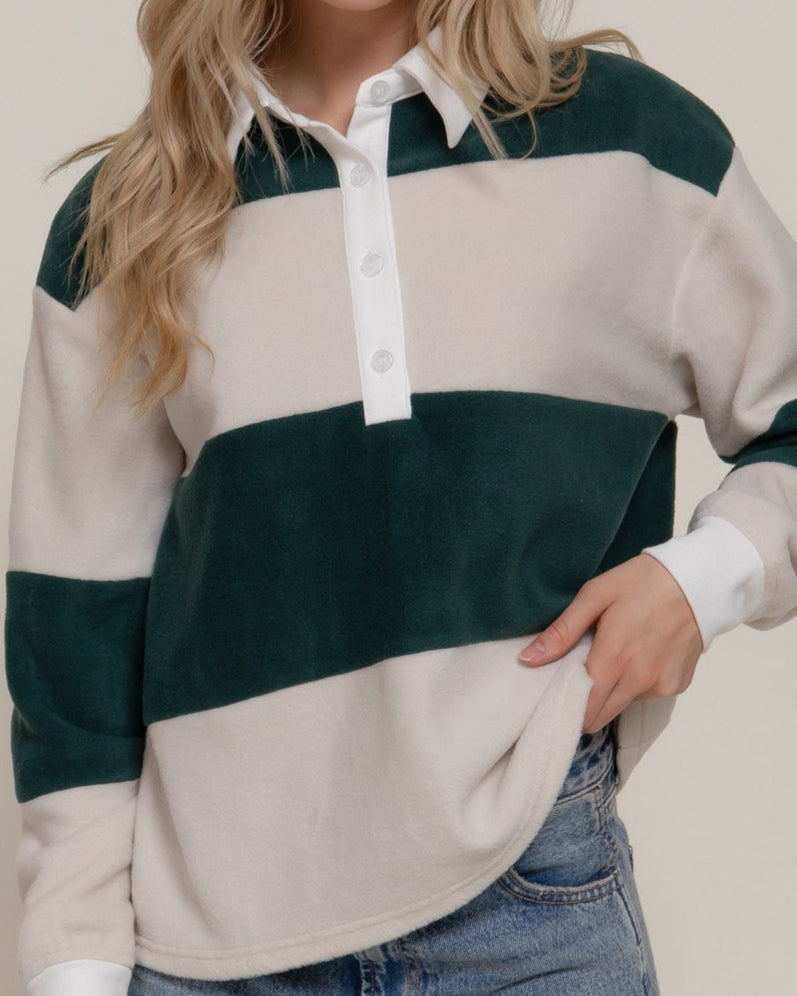 Long Sleeve Rugby Stripe Fleece Polo Top