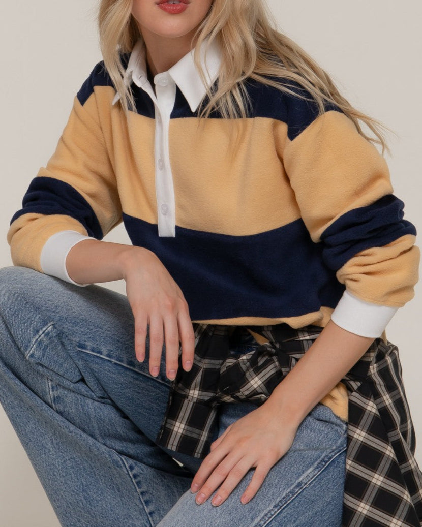 Long Sleeve Rugby Stripe Fleece Polo Top