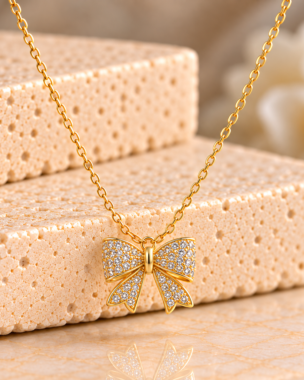 Gold Crystal Bow Pendant Necklace | Stainless Steel