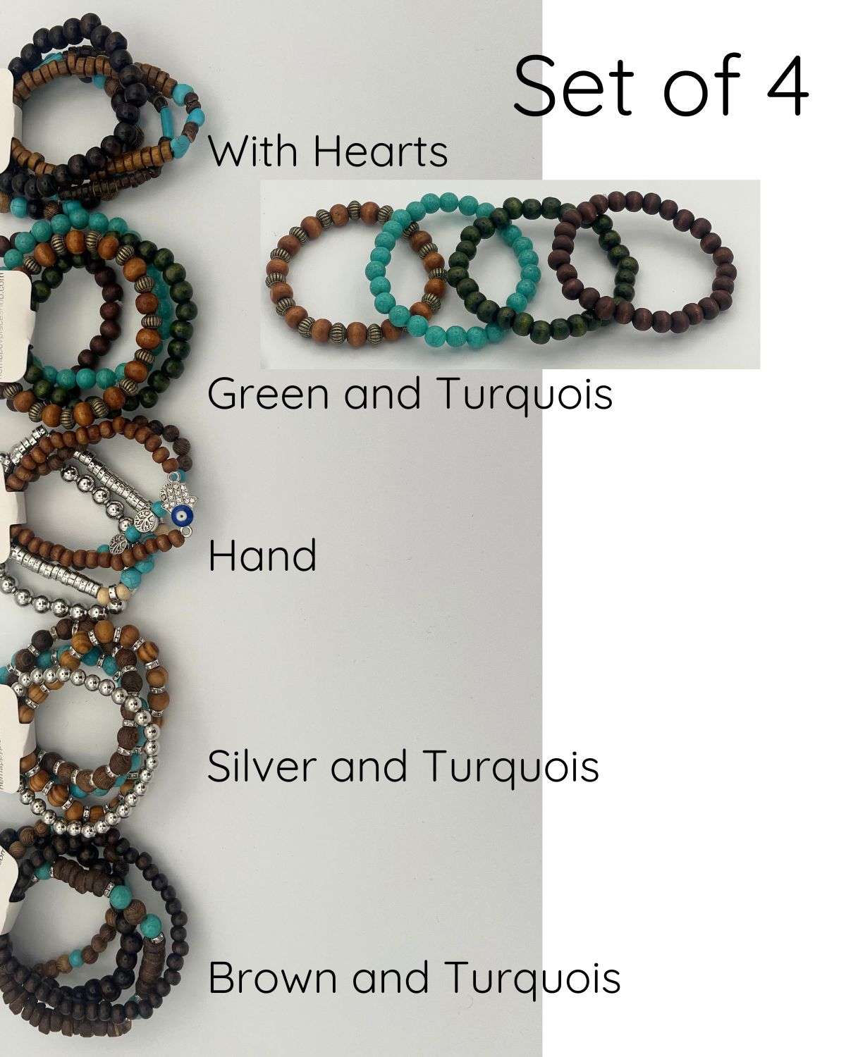 Mix set of four bracelets. Five different style. Bracelets grouped as sold.