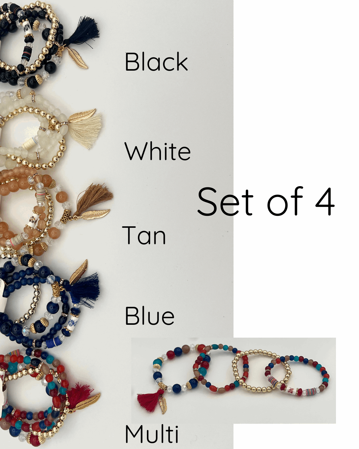 Stretch Bracelet sets of 4. Feather and tassel charm.