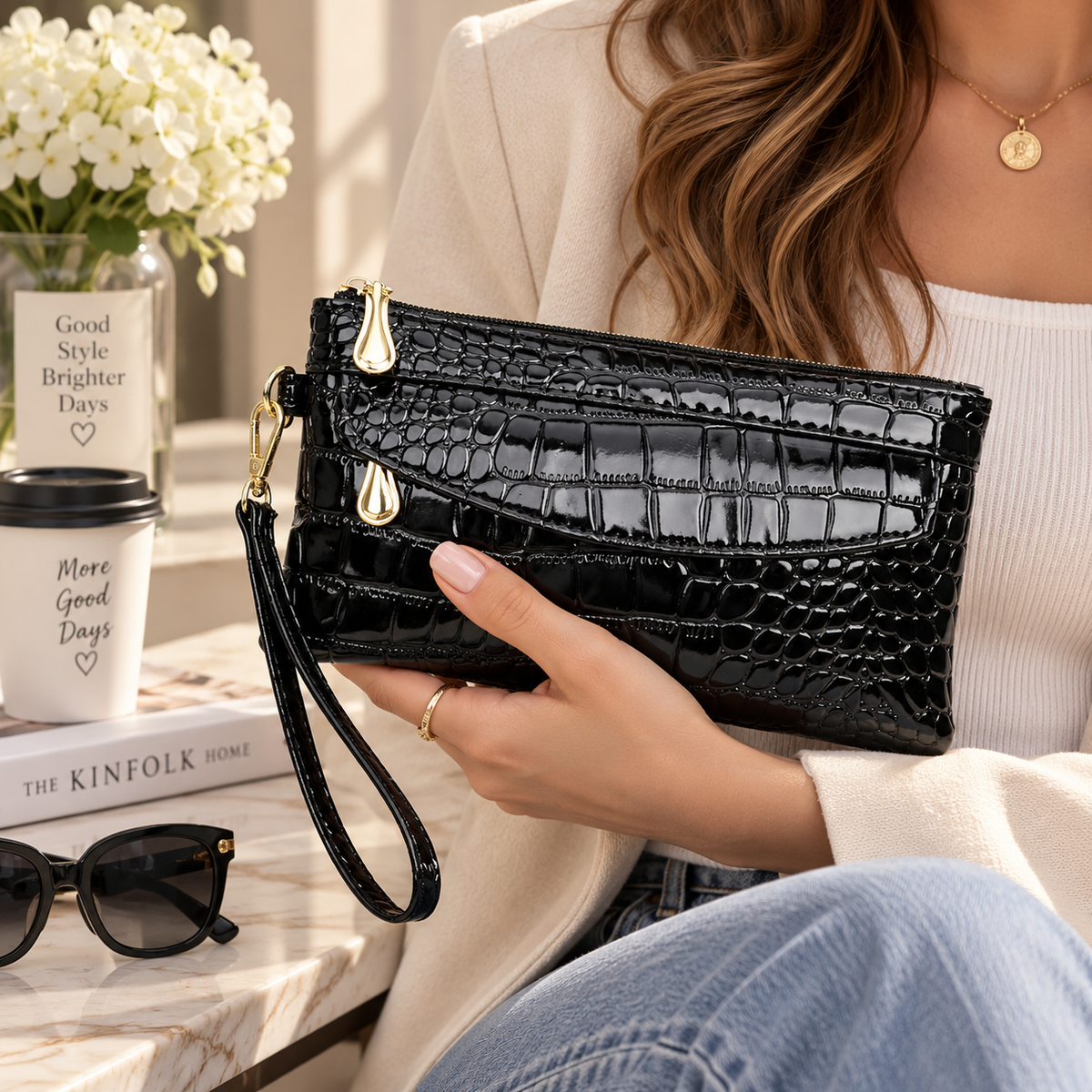 Croc-Embossed Wristlet Clutch
