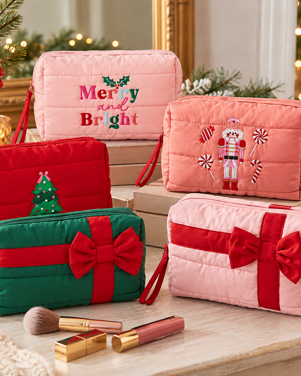 Quilted Christmas Cosmetic Pouch | Holiday Makeup Bag