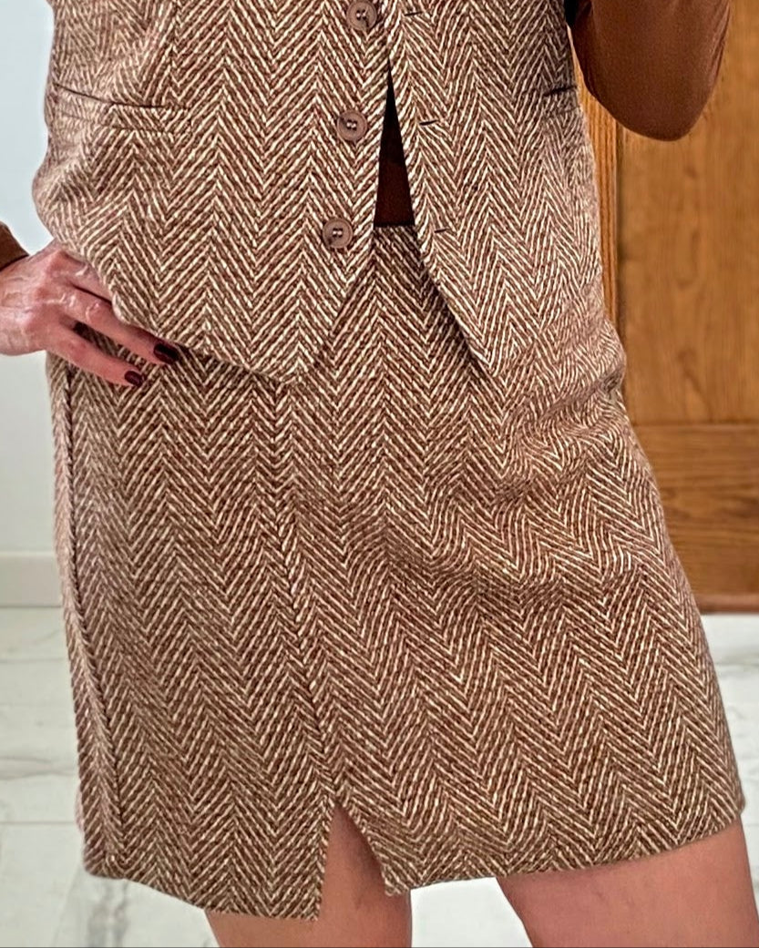 Herringbone Wool Blend Tweed Mini Skirt