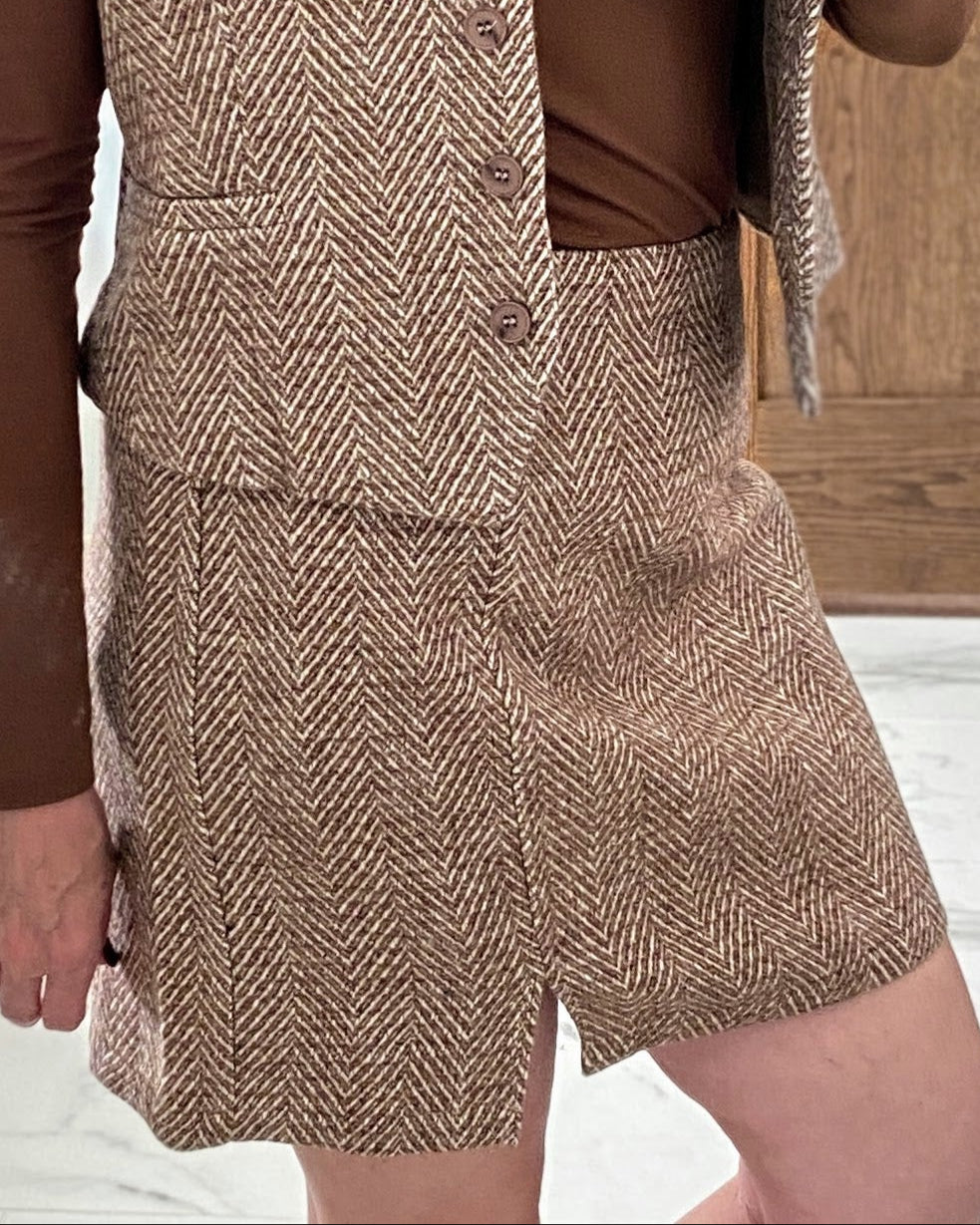 Herringbone Wool Blend Tweed Mini Skirt