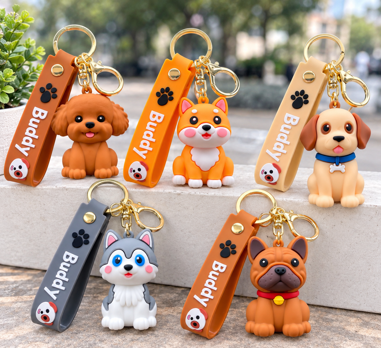 Six colorful dog-shaped keychains arranged on a stone ledge outdoors. Each keychain has a cartoon dog figure and a long strap labeled 'Buddy' with a paw print and small cartoon face.