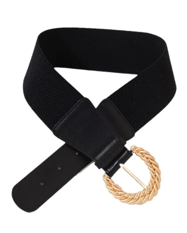 Black belt with a gold braided buckle on a white background