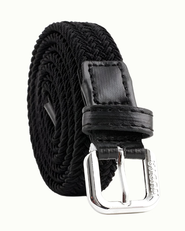 Black elastic belt worn with trousers, showing modern fit
