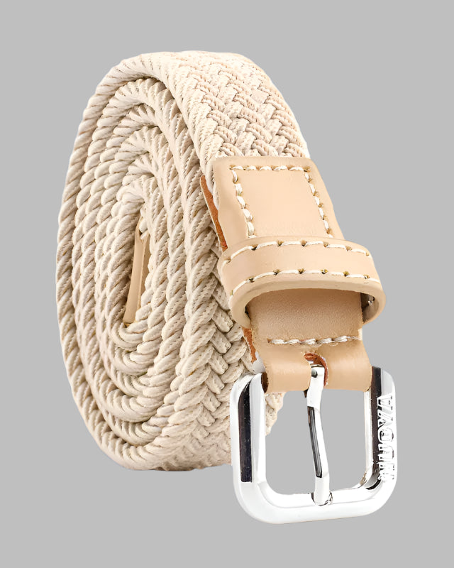 Beige braided elastic belt with faux leather ends