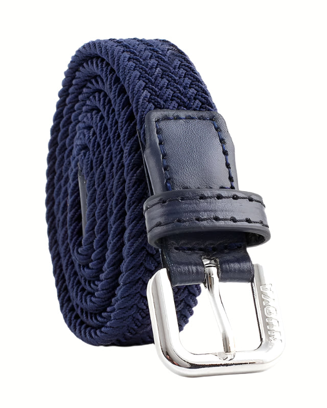 Navy woven elastic belt with faux leather trim and silver buckle
