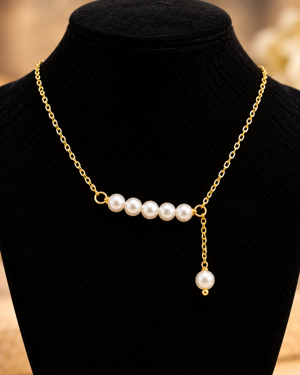 Gold Asymmetrical Pearl Drop Necklace | Stainless Steel