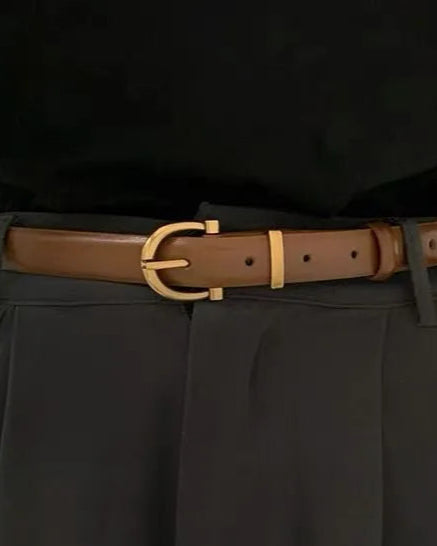 Styled Brown: Brown square buckle belt styled with pleated pants