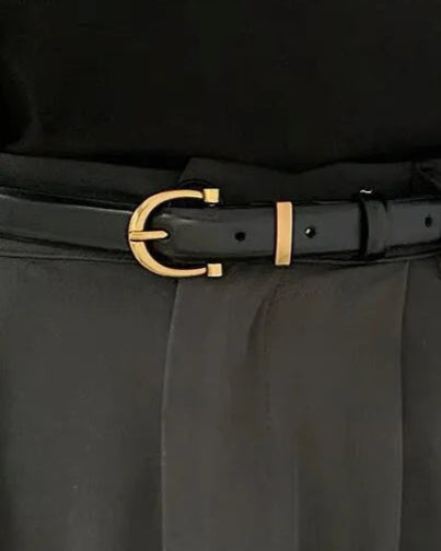 Styled Black: Black belt with square buckle styled on black outfit