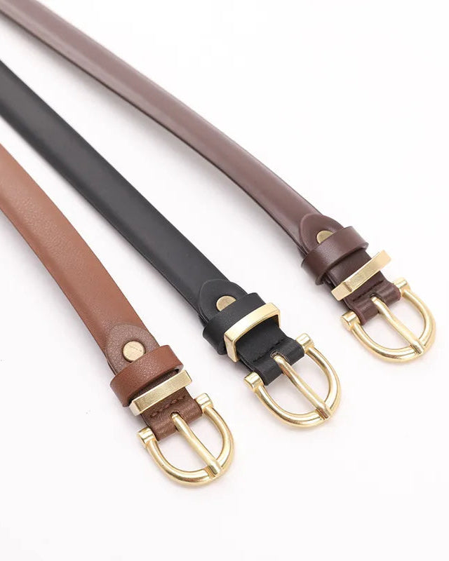 All Colors: Black, brown, and tan belts with gold square buckles lined up