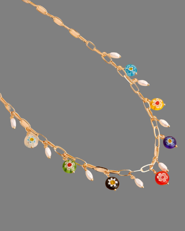 Detail of multicolor flower charms and imitation pearls on necklace