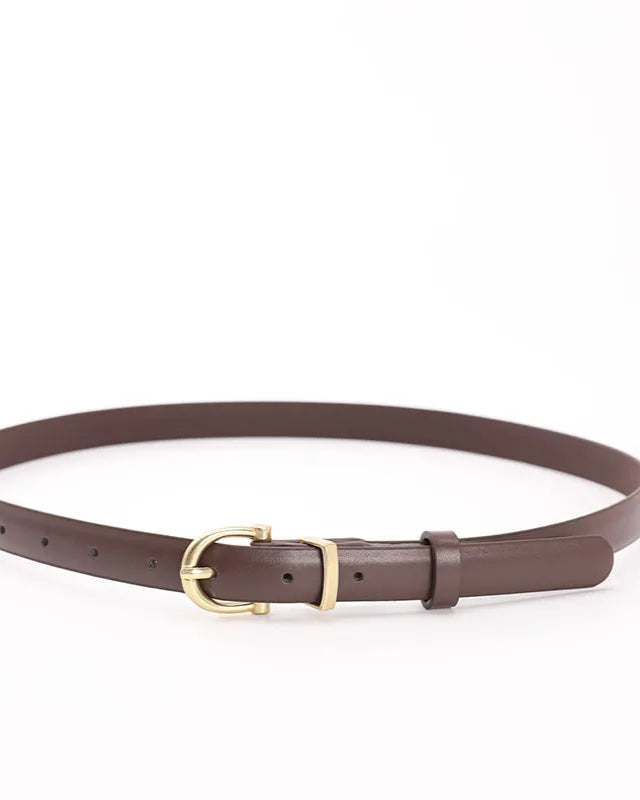 Square metal buckle belt in brown faux leather laid flat
