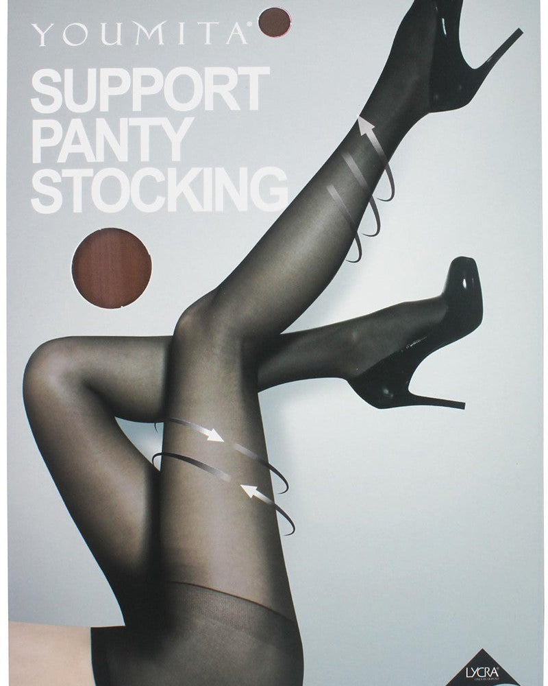 Advertisement for Youmita support panty stockings with a model wearing them.