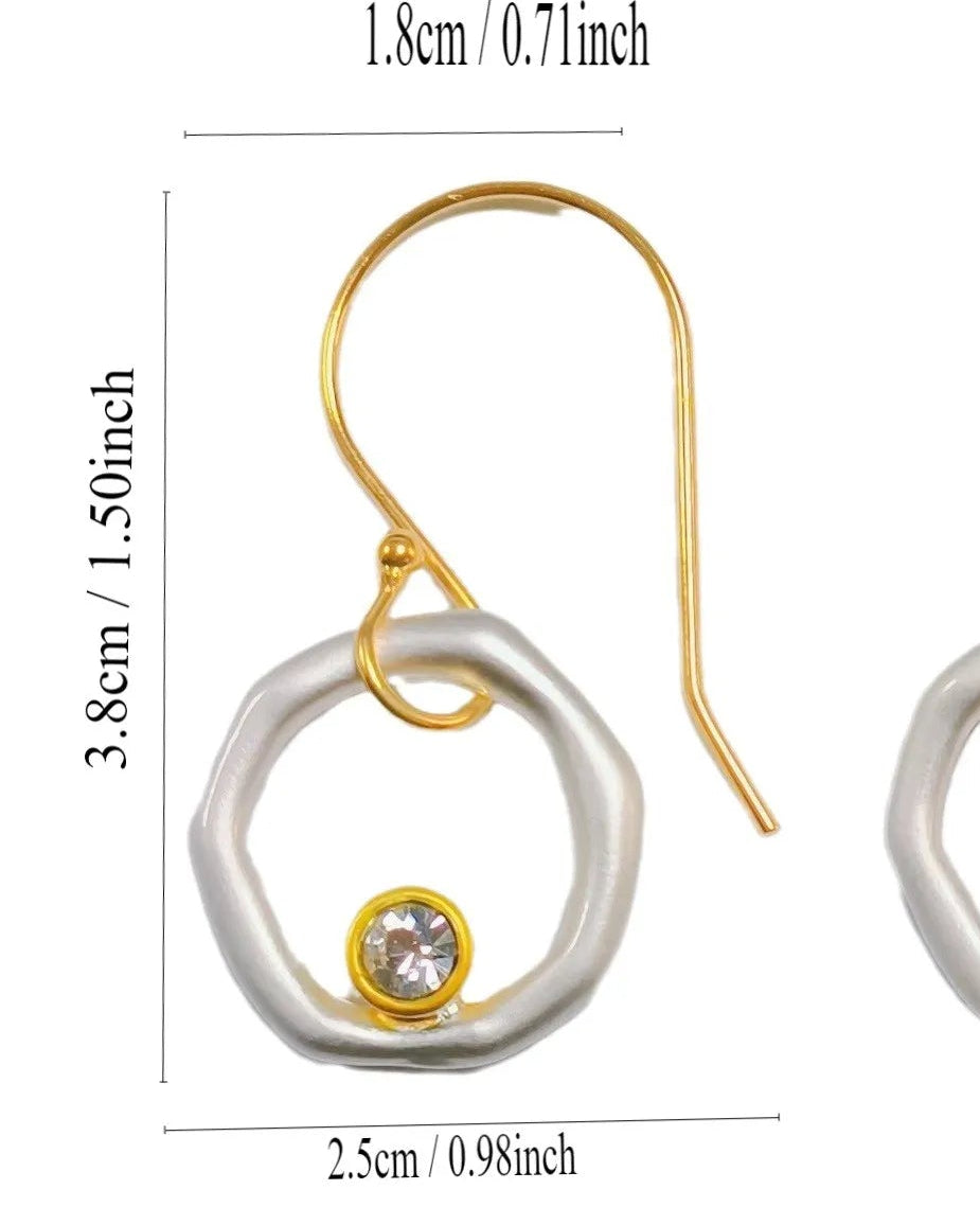 Gold and silver hoop earrings with gemstones, shown with measurements on a white background.