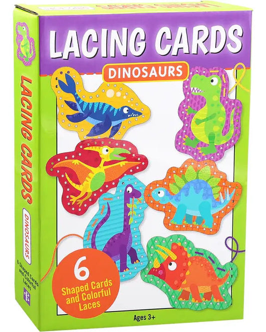Box of dinosaur lacing cards with colorful illustrations on a white background