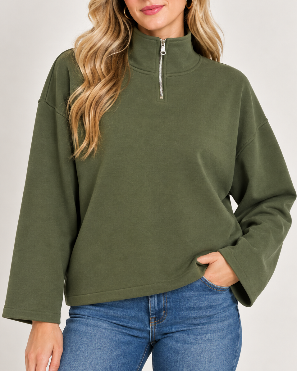 Dark Olive Scuba Pleat Back Half-Zip Pullover