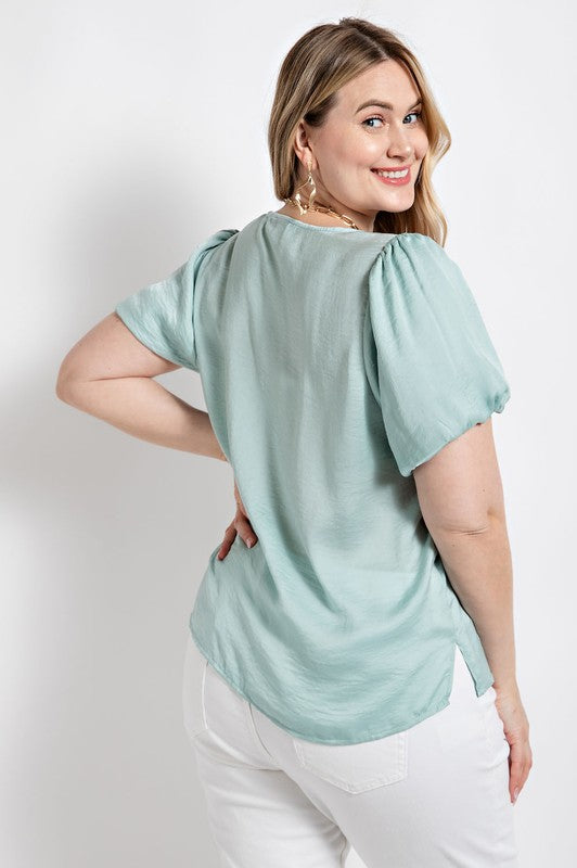 Yoke Top Puff Sleeve Satin Blouse