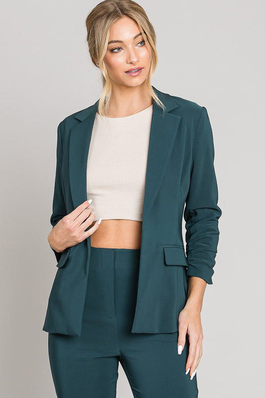Twill Ruched Sleeve Blazer