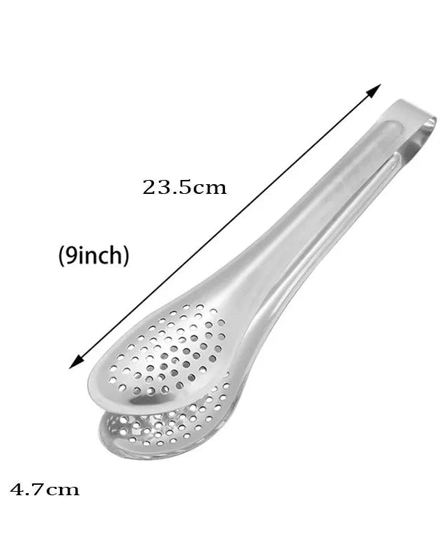 Metallic kitchen tool with dimensions labeled on a white background
