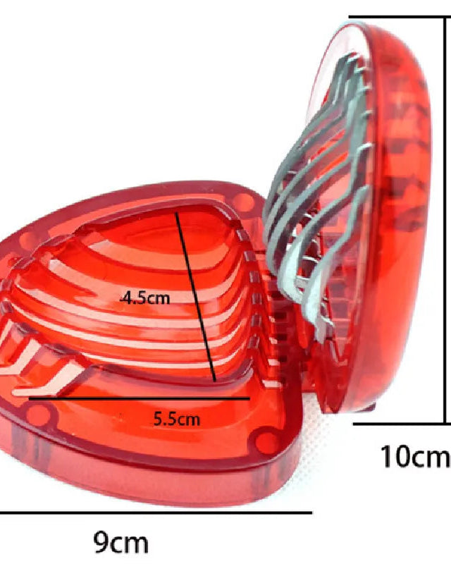 Red dental mouthguard with measurements on a white background