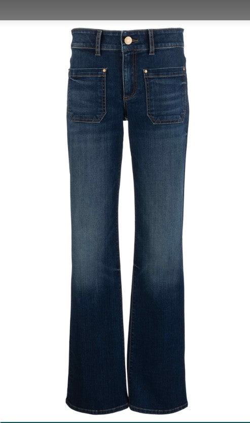 Dark blue high-waisted flare jeans with front patch pockets and a button closure, shown against a plain white background.