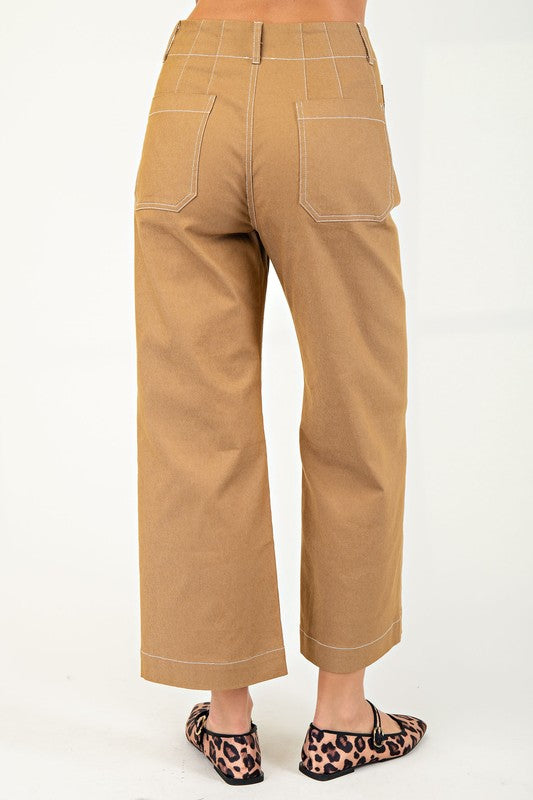 Cropped Wide Leg Pants with Contrast Stitching