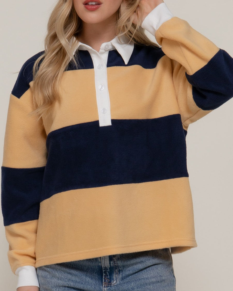 Long Sleeve Rugby Stripe Fleece Polo Top