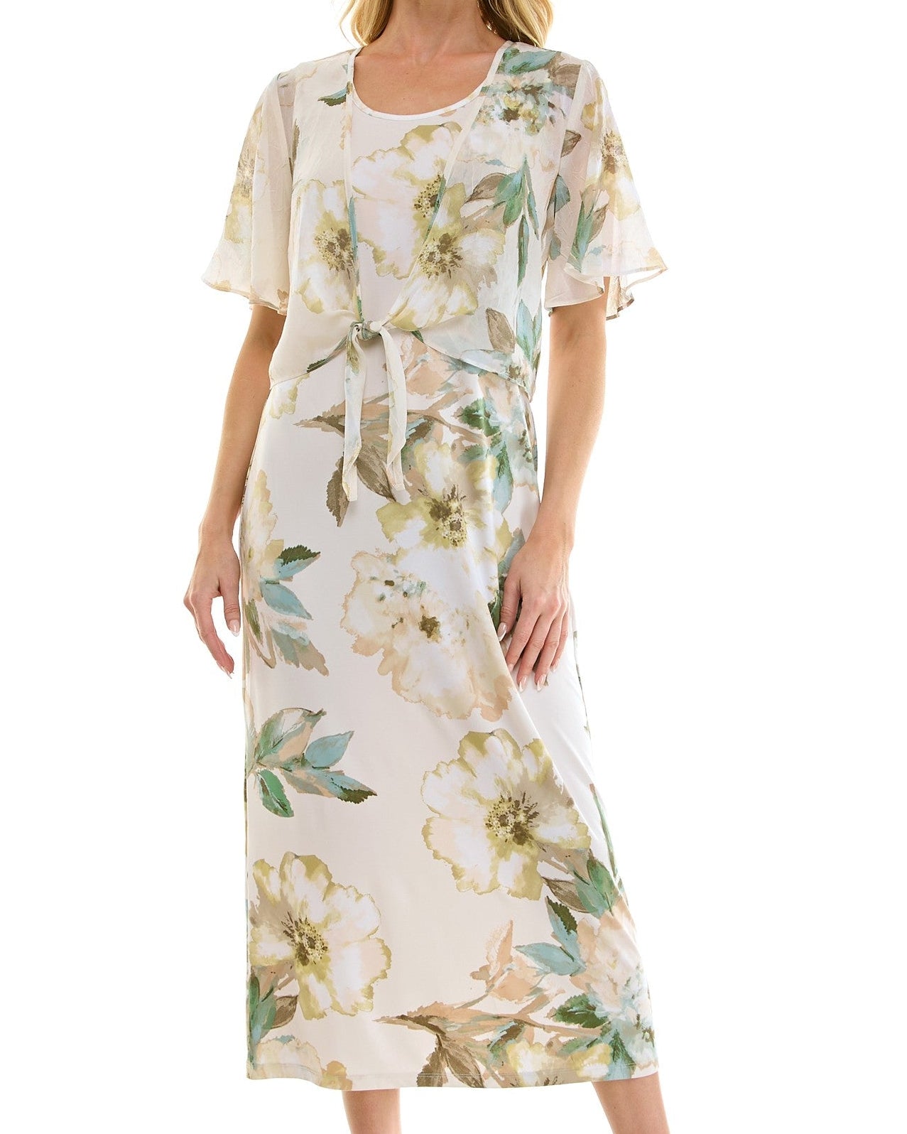 Woman wearing a floral dress on a white background