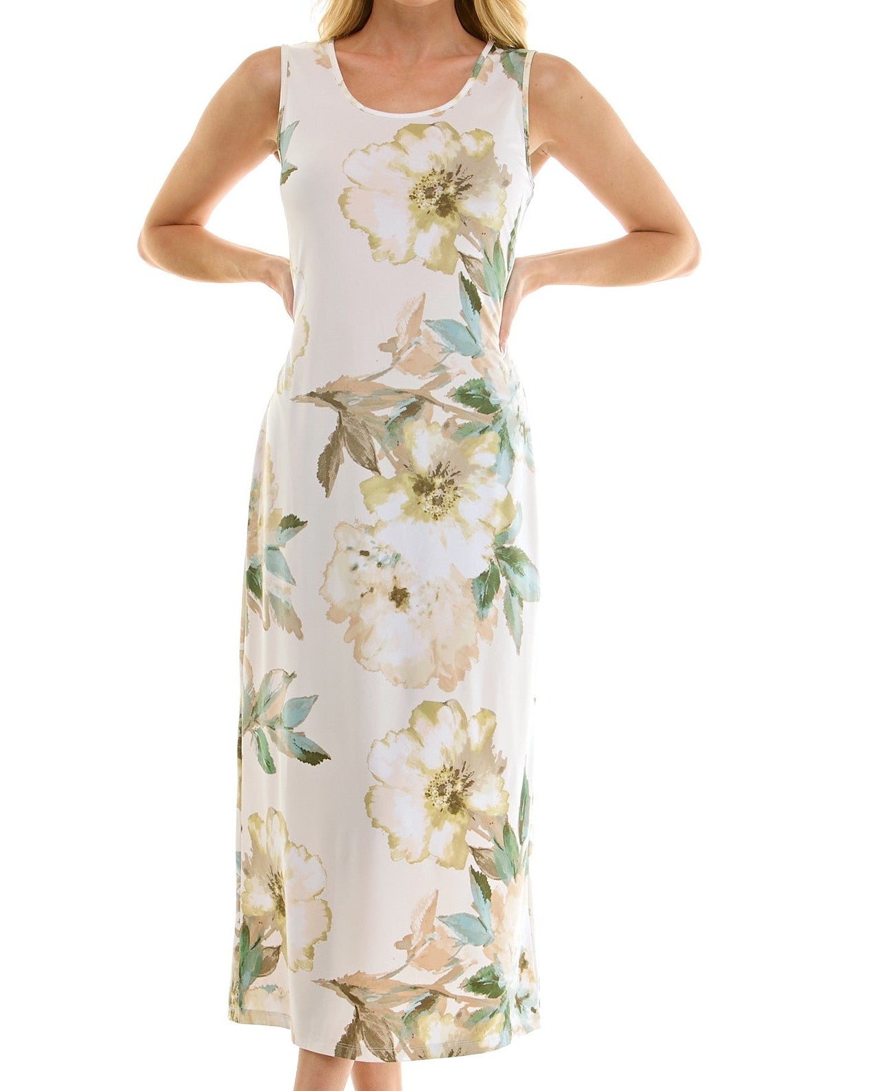 Woman wearing a floral dress on a white background