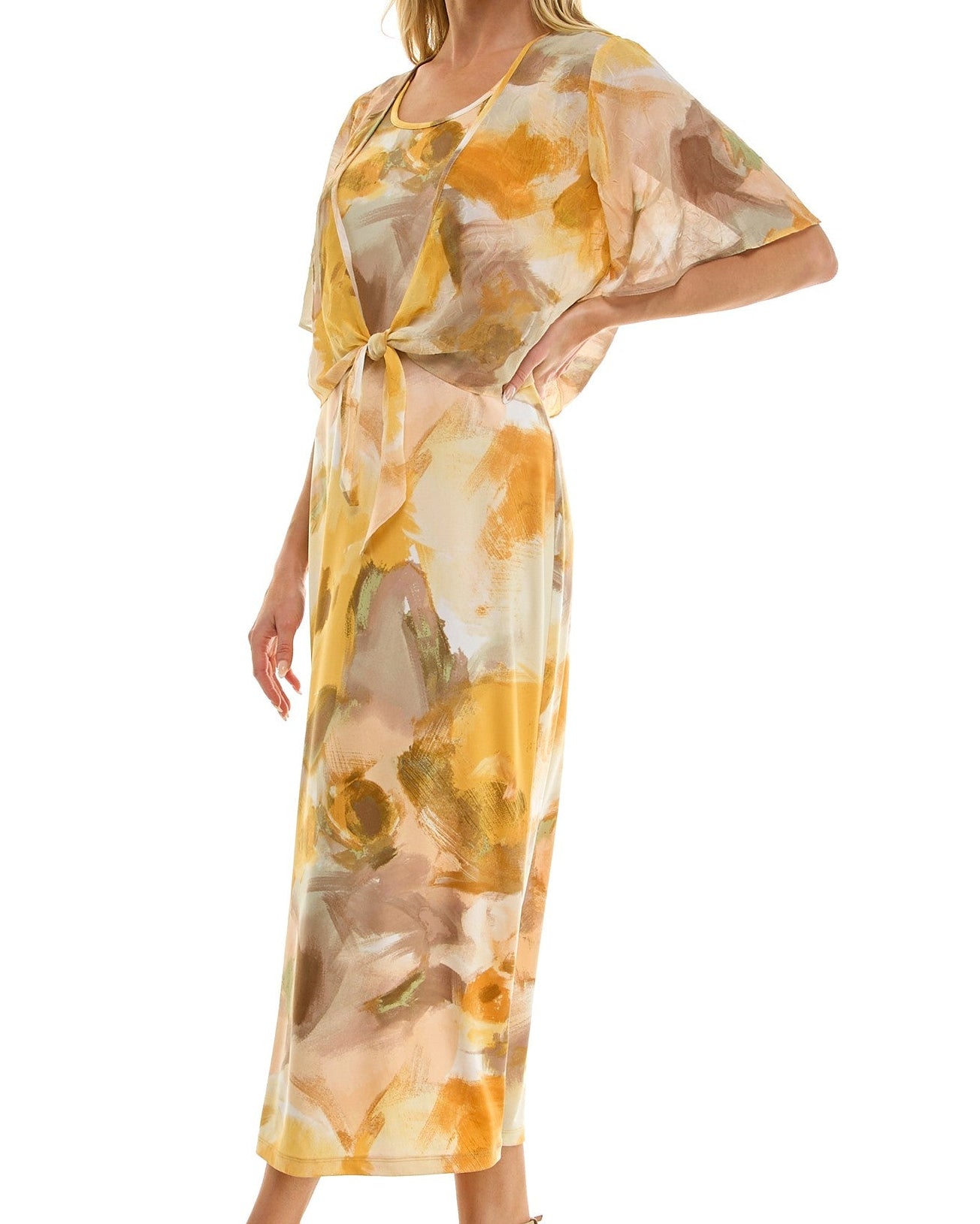Woman wearing a floral dress on a white background