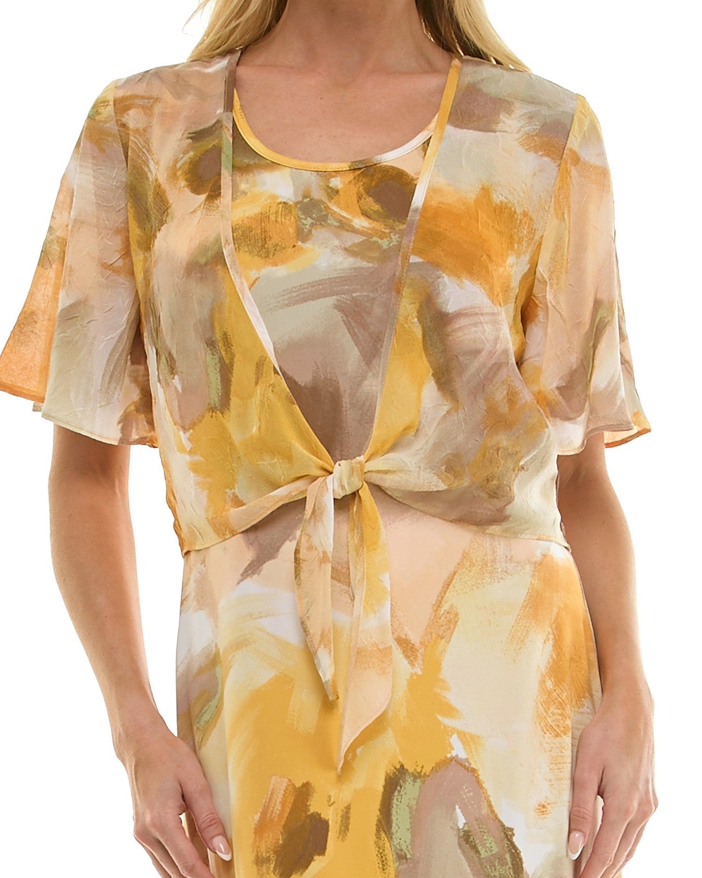 Woman wearing a floral dress with a white background