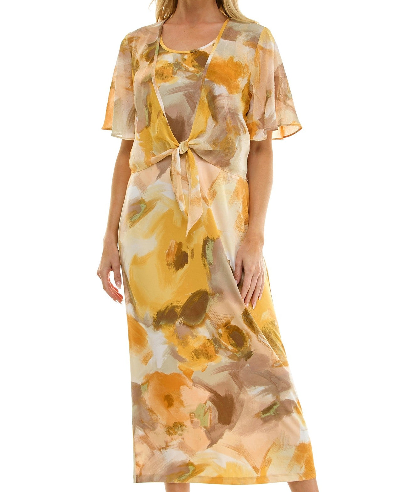 Woman wearing a floral dress with a white background