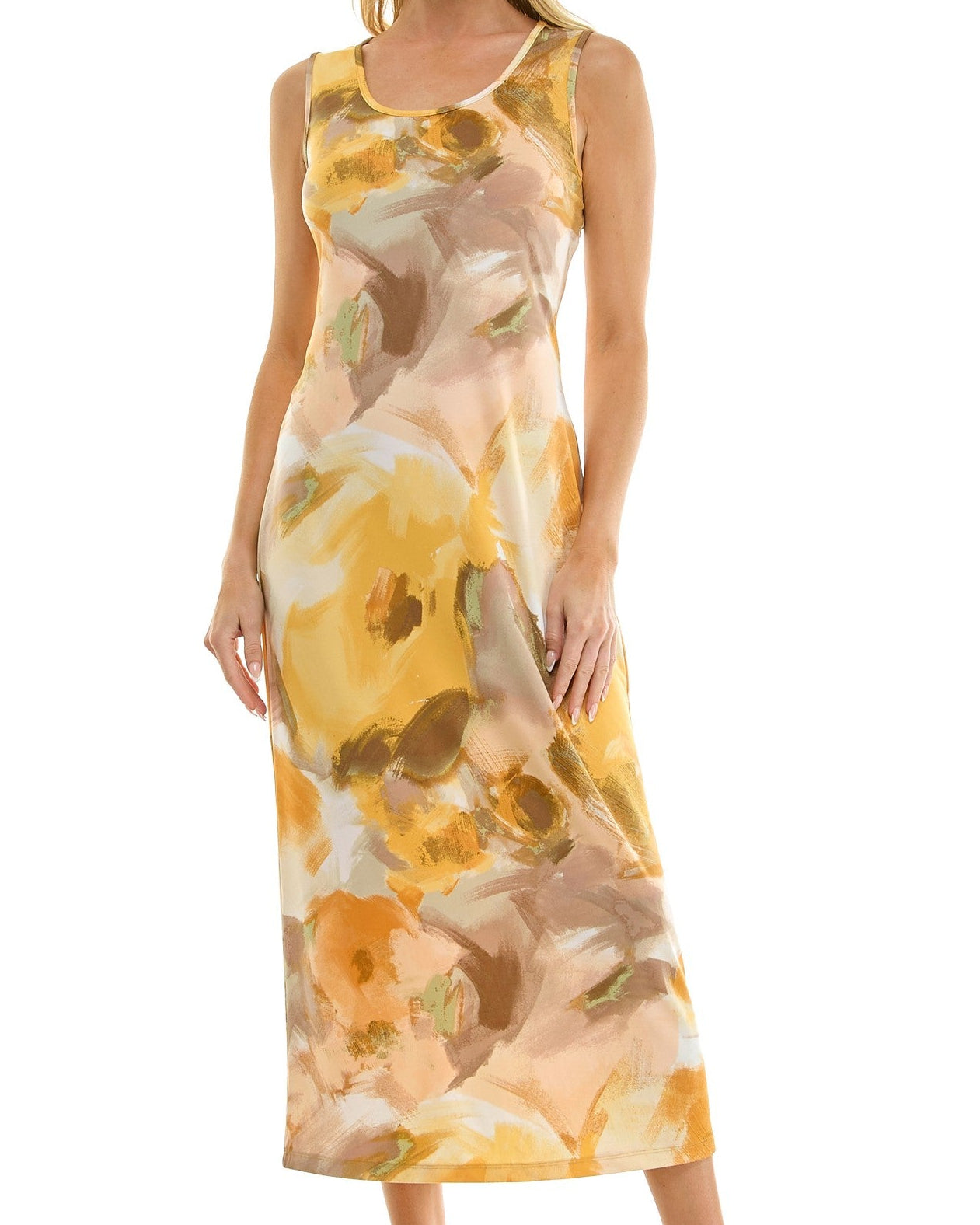 Woman wearing a floral dress on a white background