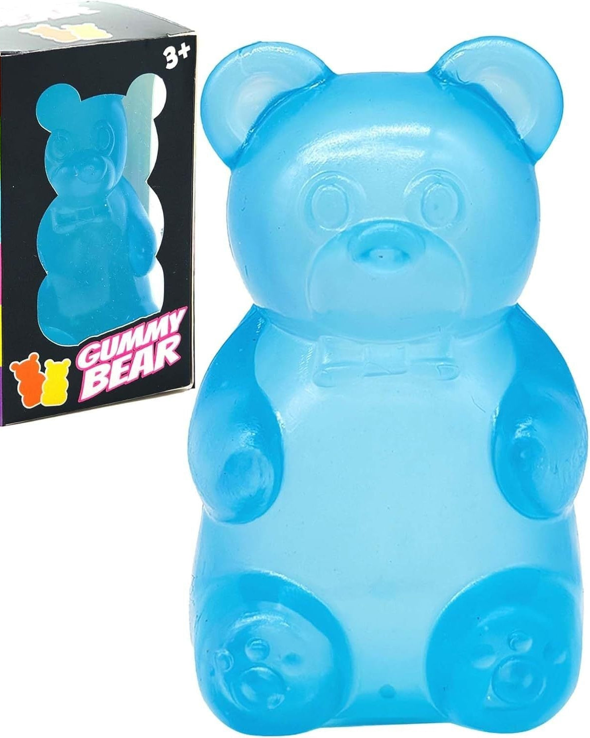 Blue gummy bear toy with packaging on a white background