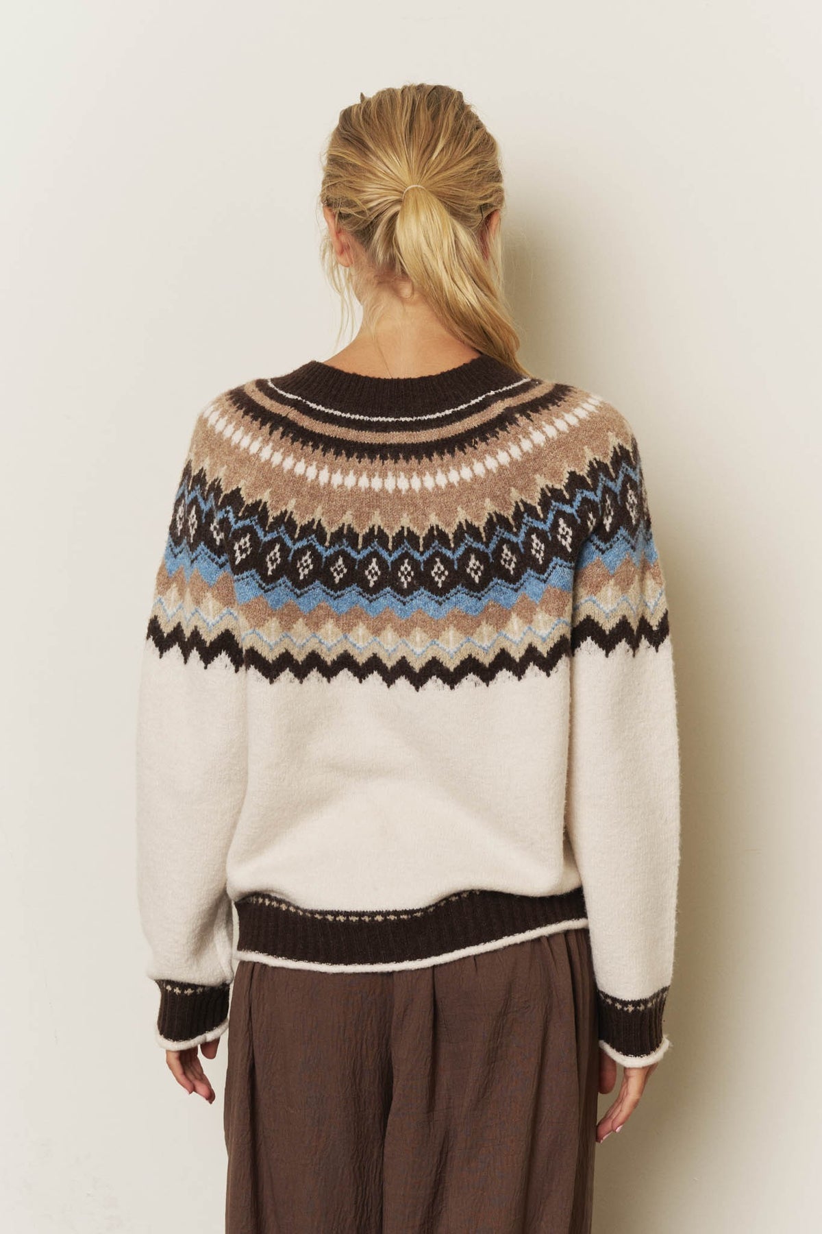 Fair Isle Toggle Button Knit Cardigan | Cream & Brown