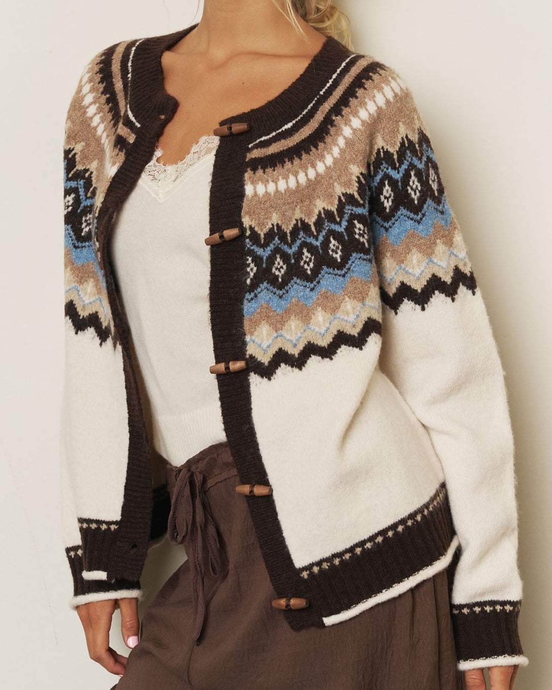 Fair Isle Toggle Button Knit Cardigan | Cream & Brown